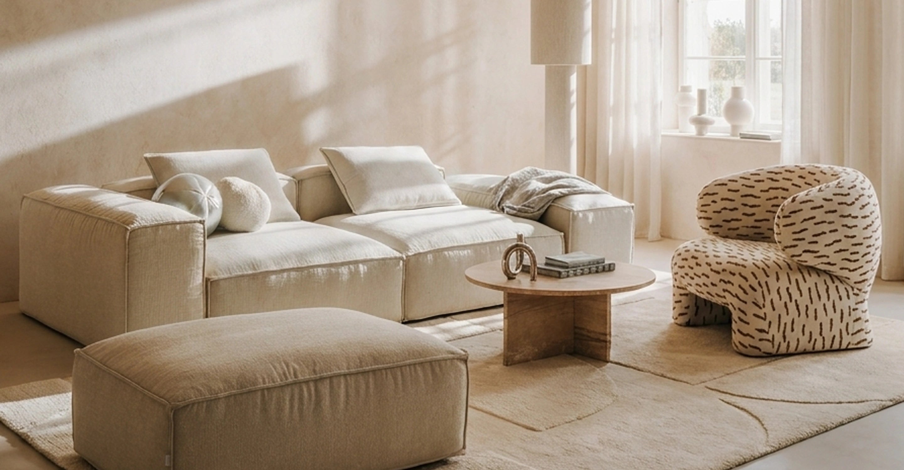 Helles Wohnzimmer mit modularem Sofa, Pouf und gemustertem Sessel von IWC HOME
