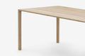 Zbliżenie na bok blatu oraz dwie drewniane nogi stołu.